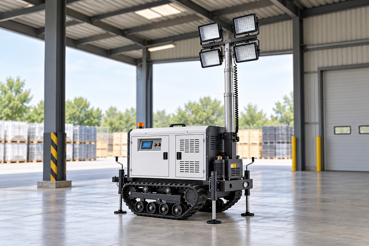 Reference-based white enclosure with original doors, vents and controls, black rubber crawler chassis, four square lamps in two rows, rear-right silver mast, coiled cable, auxiliary housing and four deployed stabilizer legs with circular feet in a separate covered dispatch inspection bay in daylight.