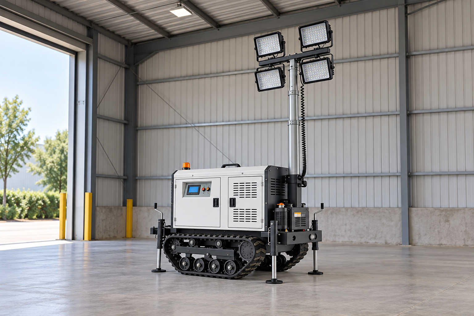 Reference-based white enclosure with original doors, vents and controls, black rubber crawler chassis, four square lamps in two rows, rear-right silver mast, coiled cable, auxiliary housing and four deployed stabilizer legs with circular feet in a sheltered equipment preservation bay under a high roof.