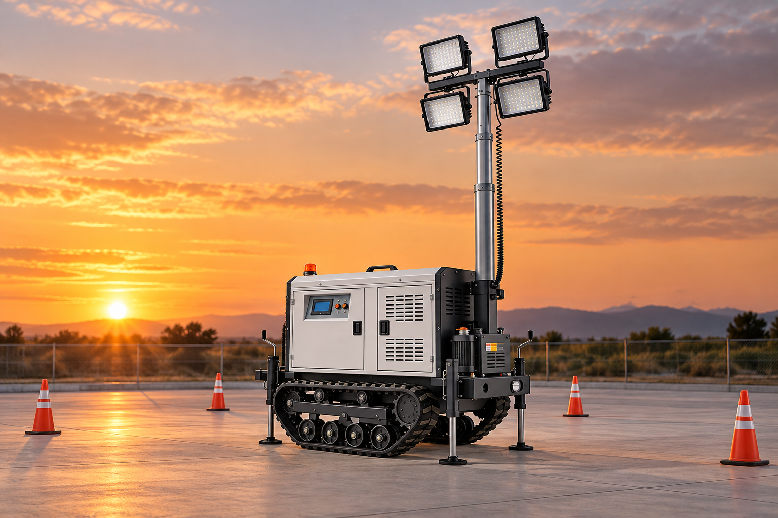 Crawler lighting tower parked within a cone marked technical hold area on a level depot pad at sunset.