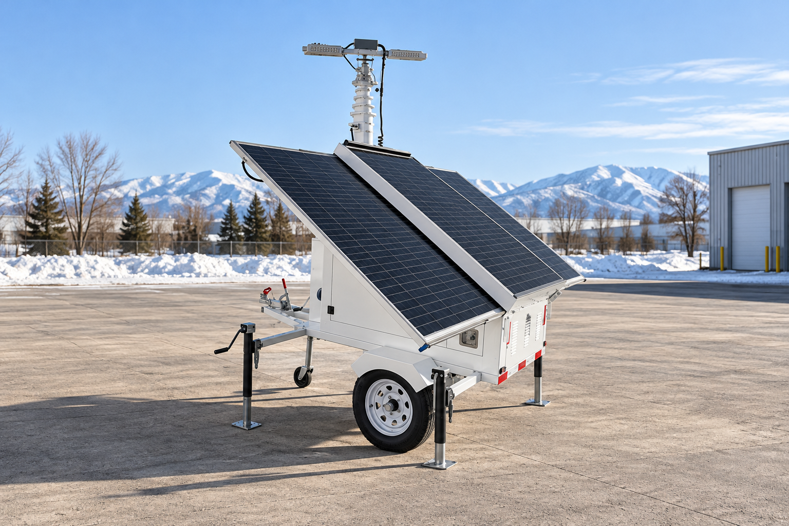 Reference-based white single-axle wheeled enclosure, drawbar and jockey wheel, original stabilizer jacks, two sloped panel banks, white mast and two thin rectangular lamp heads in a clear winter morning on a level dry equipment bay, no ice, no frost on machinery.