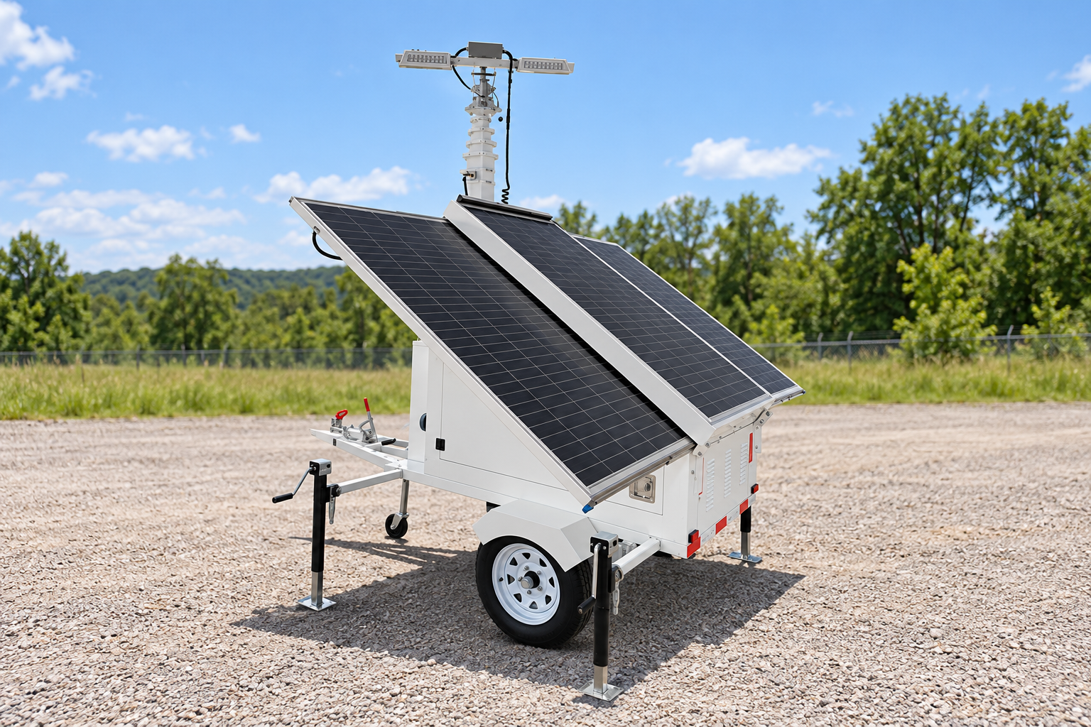 Reference-based white single-axle wheeled enclosure, drawbar and jockey wheel, original stabilizer jacks, two sloped panel banks, white mast and two thin rectangular lamp heads in a bright warm-season solar-access yard with distant trees.