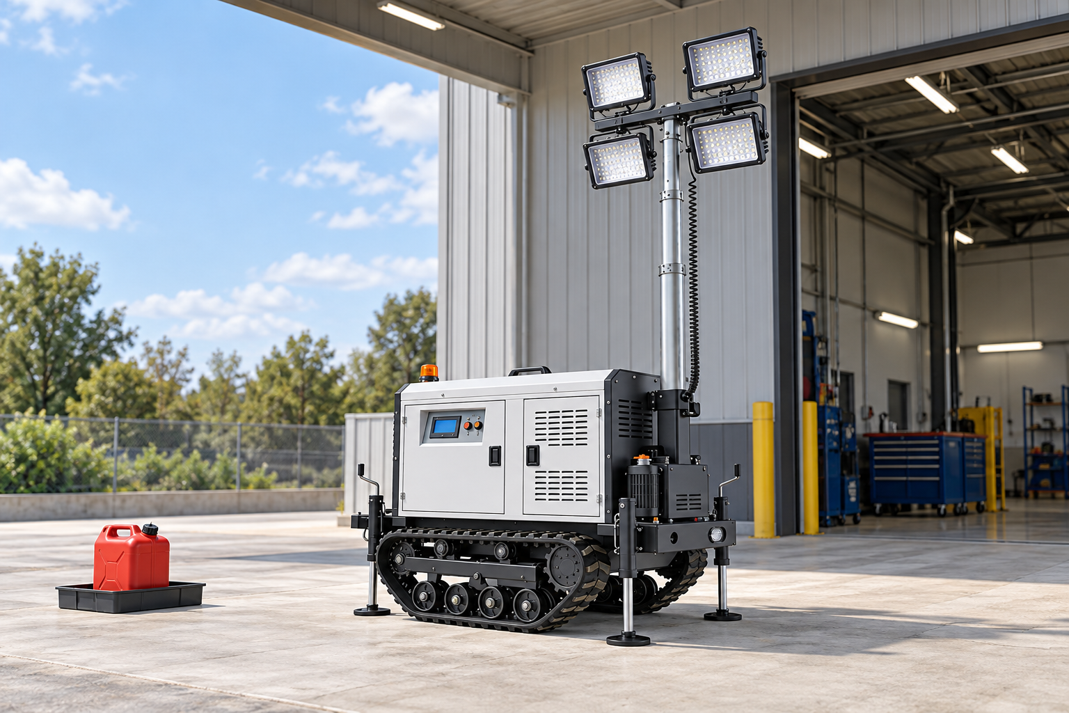 White crawler light tower parked outside an open service bay with a closed red fuel container on a separate containment tray.