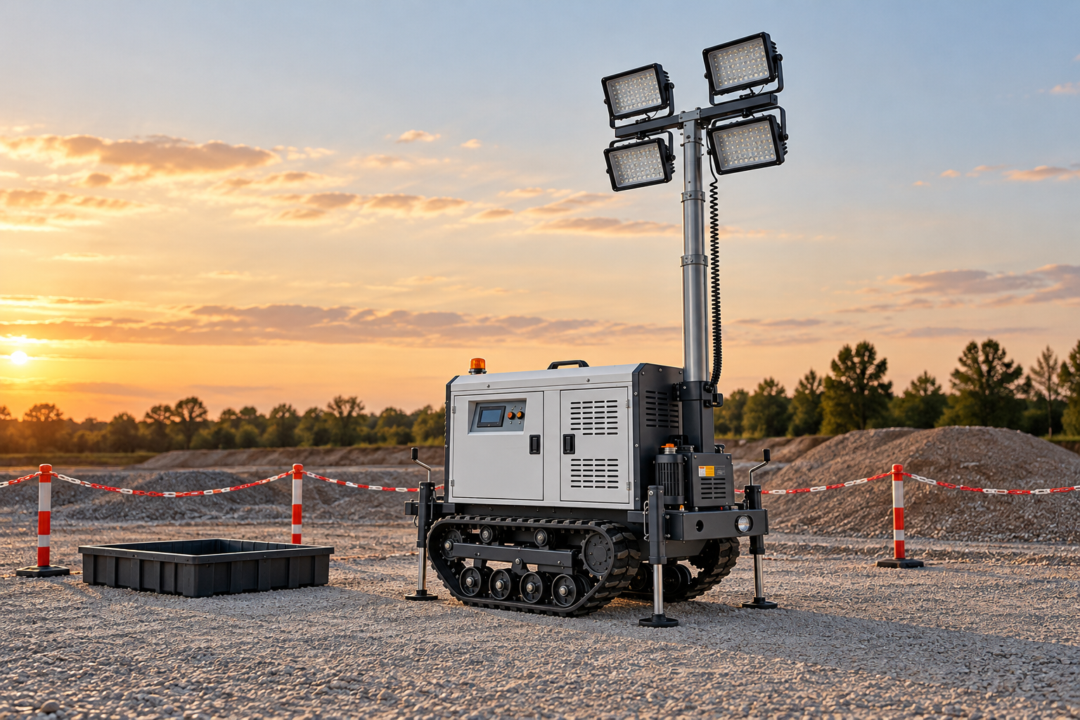 Crawler light tower with lamps off on a cordoned gravel staging pad beside an empty containment tray.