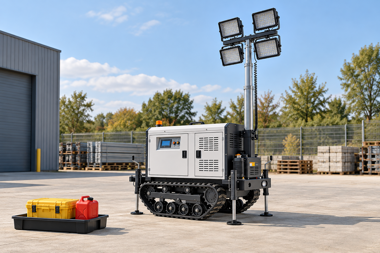 Crawler light tower with cabinet shut beside a separate tray holding a closed fuel container and spill response box.