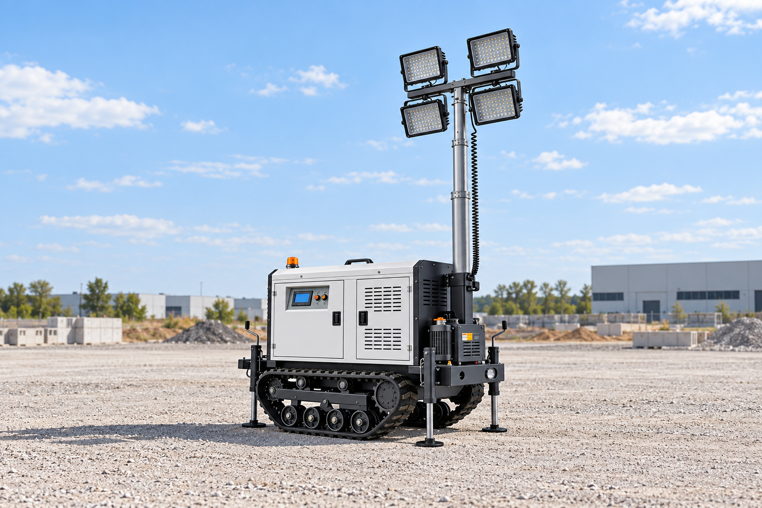 Reference-based white crawler lighting tower with four square lamps, silver mast, coiled cable and deployed support legs in a cleared construction assessment pad.