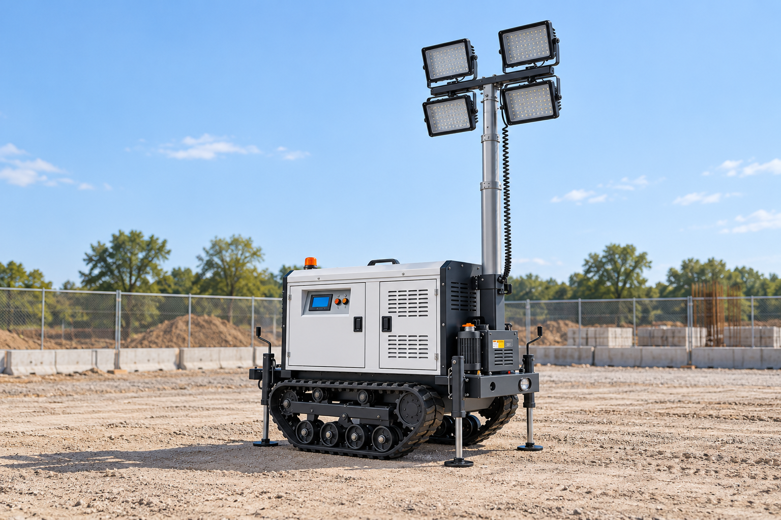 Reference-based white crawler lighting tower with four square lamps, silver mast, coiled cable and deployed support legs in a cleared assessment area beside construction fencing.
