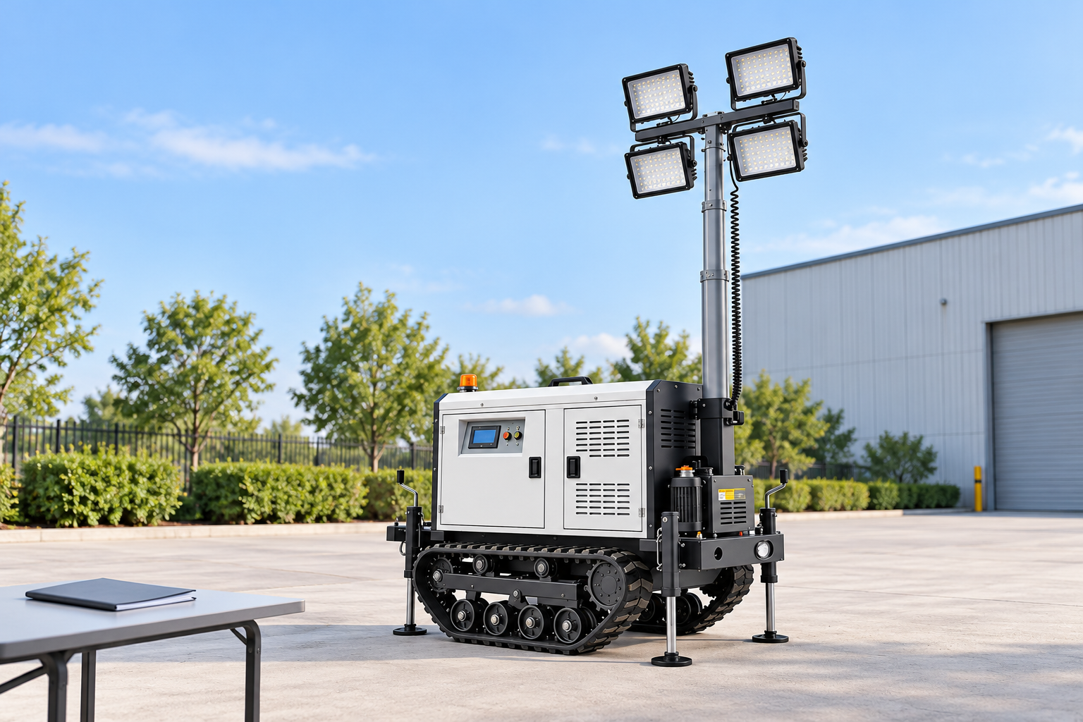 White crawler light tower with four rectangular lamps in an equipment yard beside a separate table holding a plain specification folder.