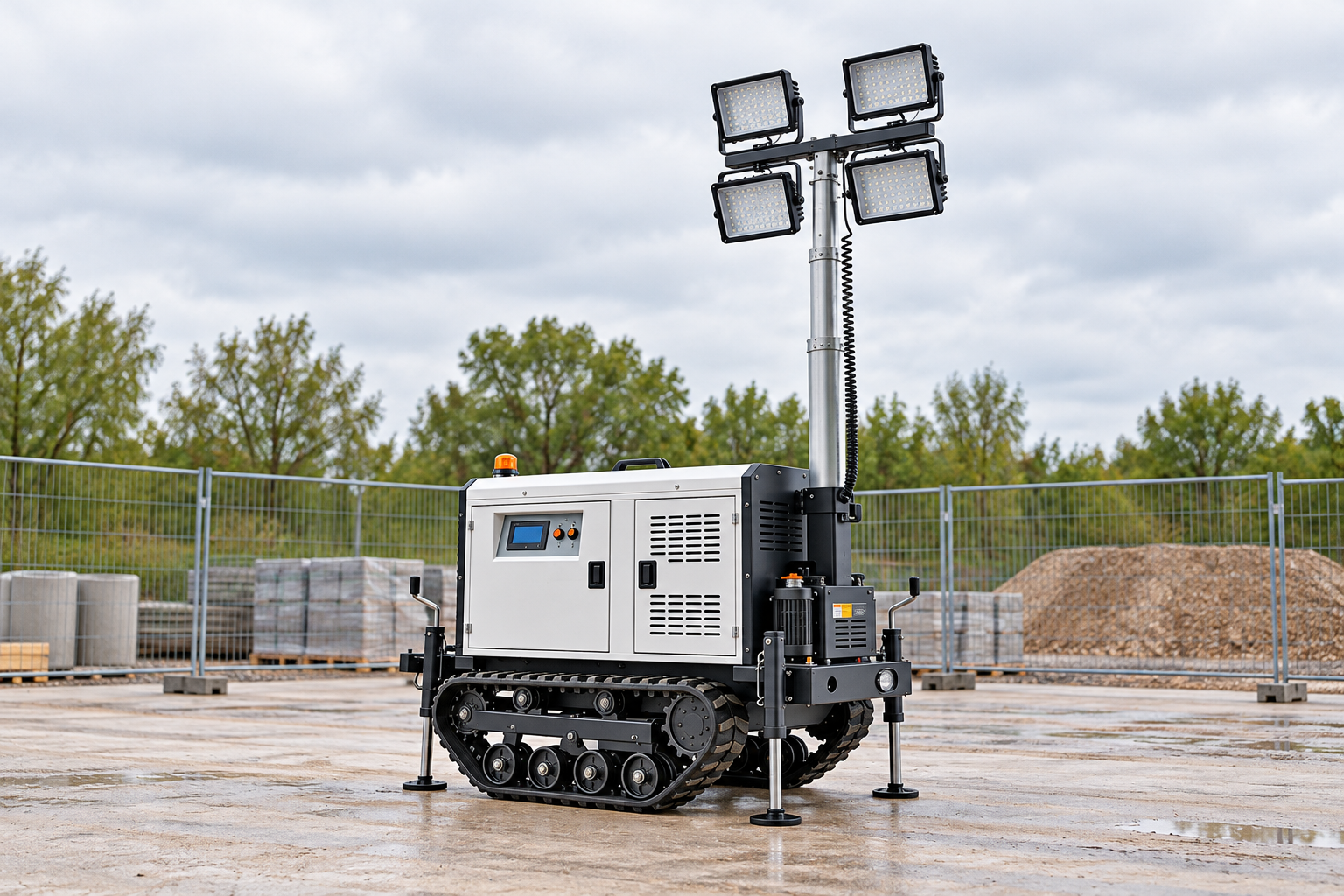 Crawler lighting tower with four lamps and deployed supports on a flat fenced works staging pad.