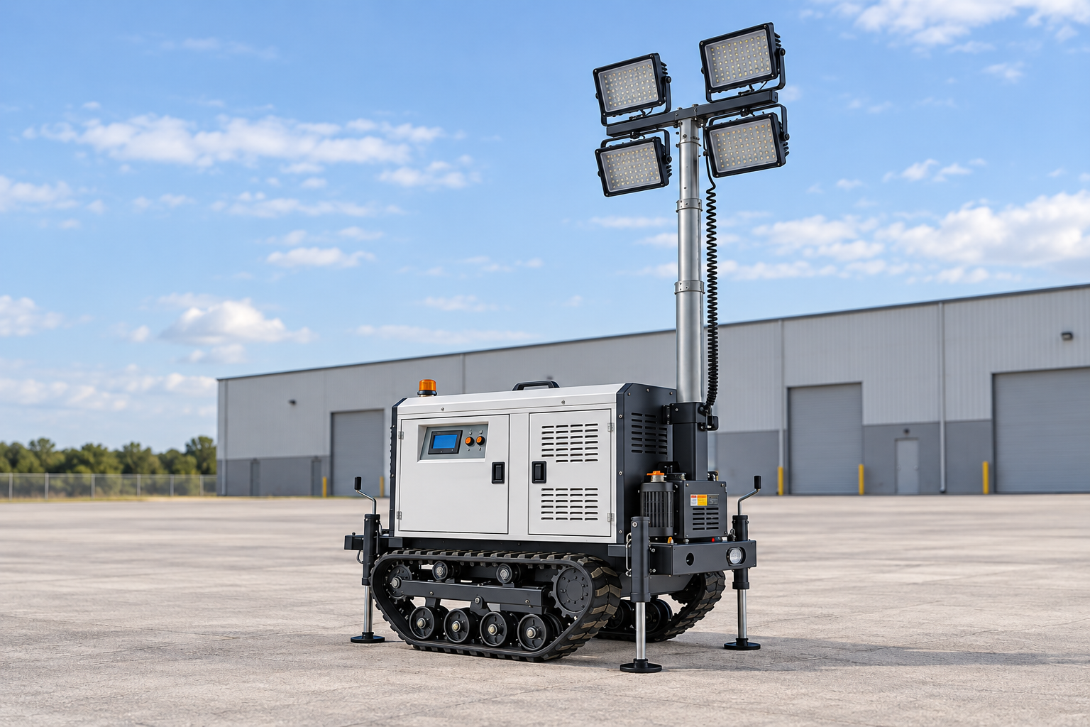 Reference-based white crawler lighting tower with four square lamps, silver mast, coiled cable and deployed support legs in an empty outdoor procurement depot.