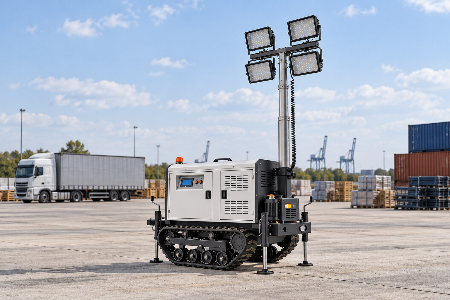 Reference-based white crawler lighting tower with four square lamps, silver mast, coiled cable and deployed support legs in a logistics staging pad with a distant parked freight vehicle.