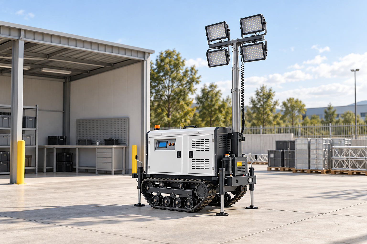 Reference-based white crawler lighting tower with four square lamps, silver mast, coiled cable and deployed support legs in a maintenance planning bay with closed cabinets.