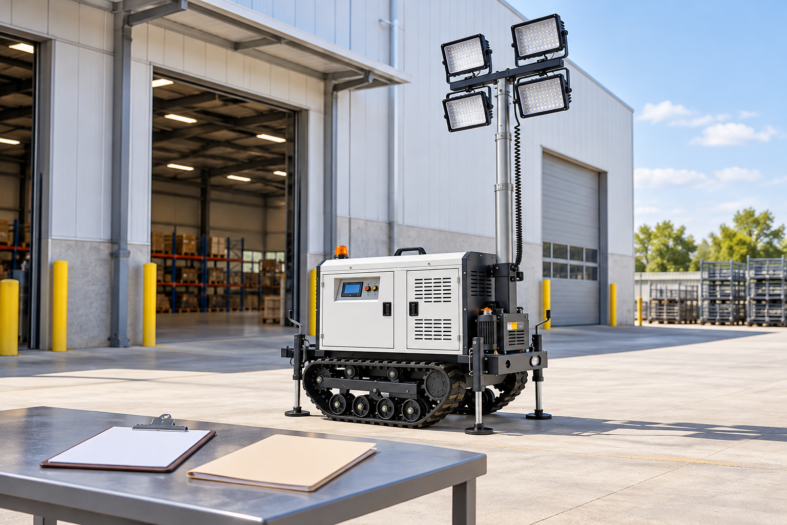 White crawler lighting tower at a receiving bay with blank claim documentation on a separate table in the foreground.