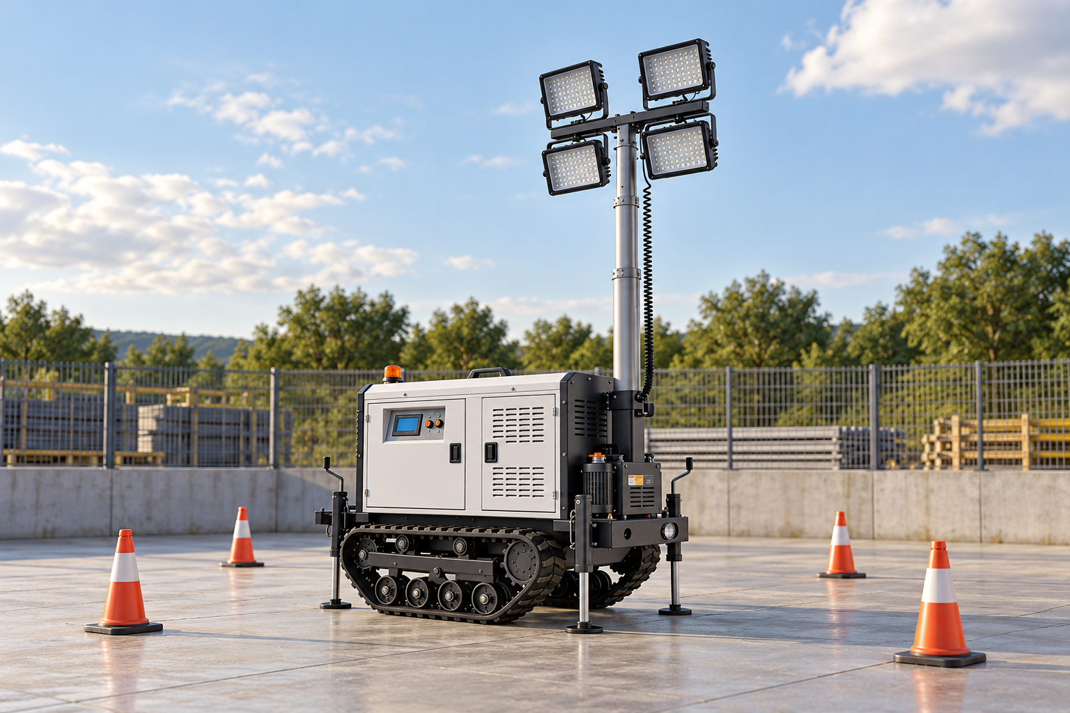 Crawler lighting tower with lamps off inside a cone marked equipment hold area on concrete.