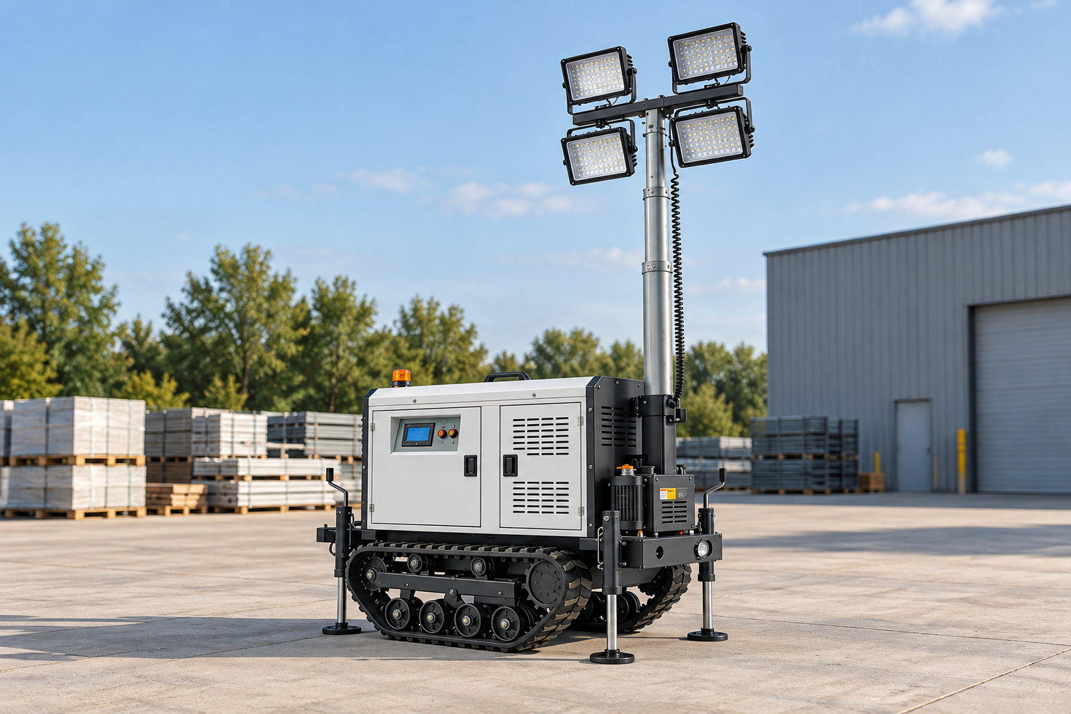Intact crawler lighting tower with closed control and ventilation panels visible in a clean service yard.