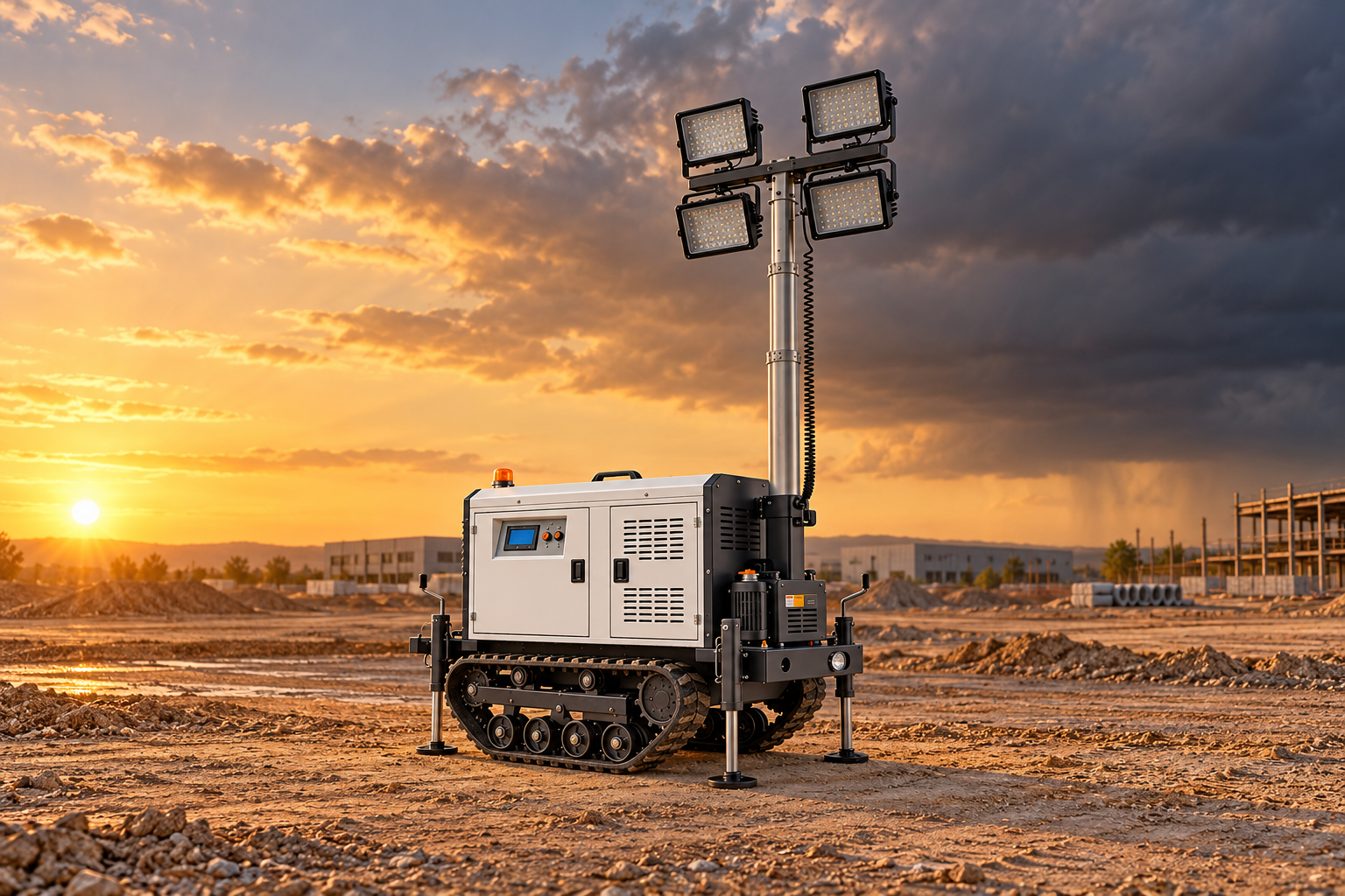 Crawler lighting tower with four square lamp heads on a calm golden-hour worksite.