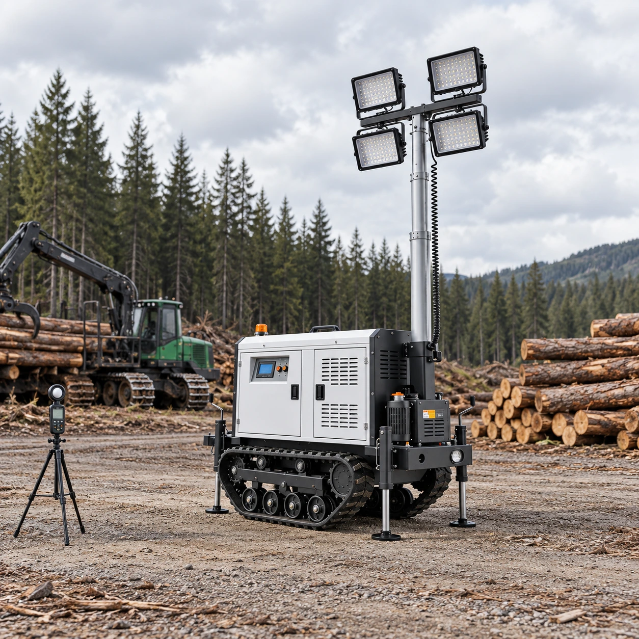 Daylight placement and visual inspection of the mobile tower for logging site lighting.