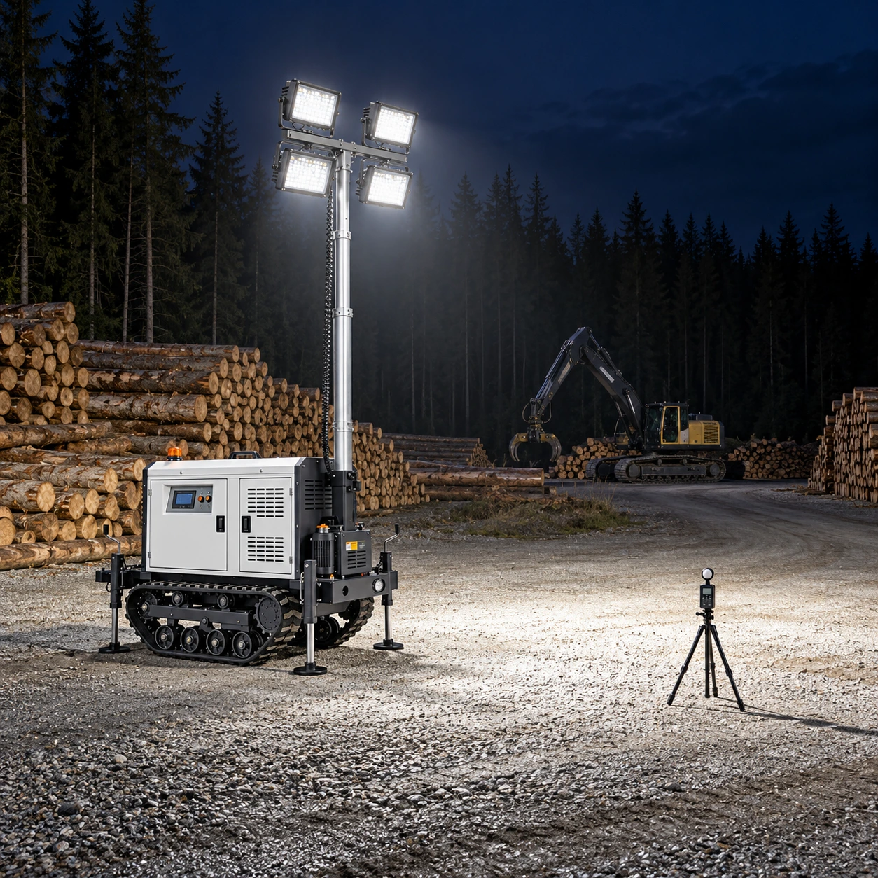 Nighttime setup and illuminated-ground verification for logging site lighting.