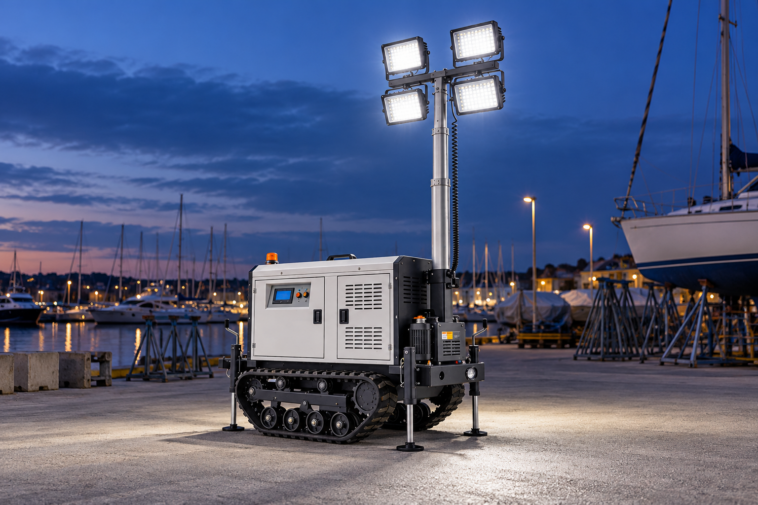 White tracked mobile tower with four rectangular LED heads in a shoreside marina service yard at blue hour.