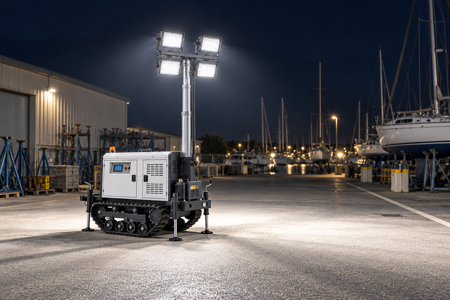 White tracked mobile tower with four rectangular LED heads in a shoreside marina service yard at night.