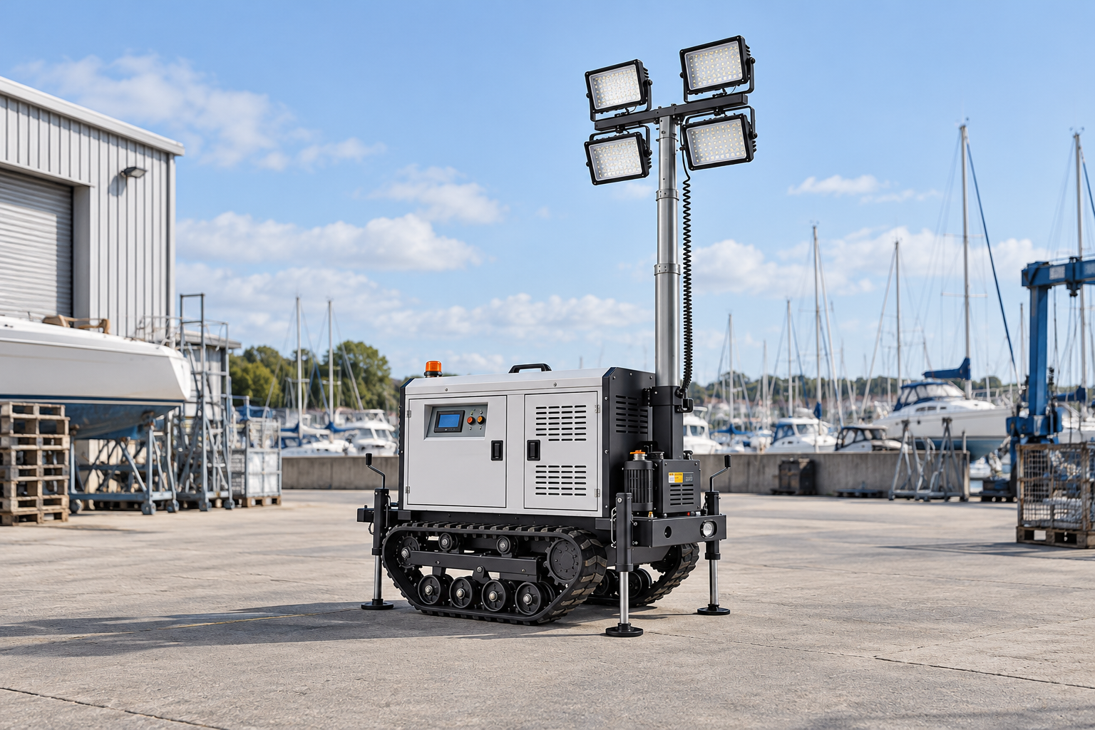 White tracked mobile tower with four rectangular LED heads in a shoreside marina service yard in daylight.