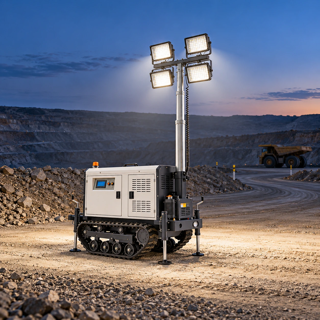 Mine haul road lighting using a reference-matched mobile light tower at dusk.