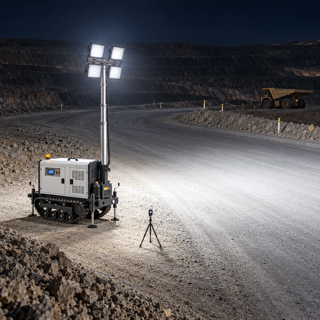 Nighttime setup and illuminated-ground verification for mine haul road lighting.