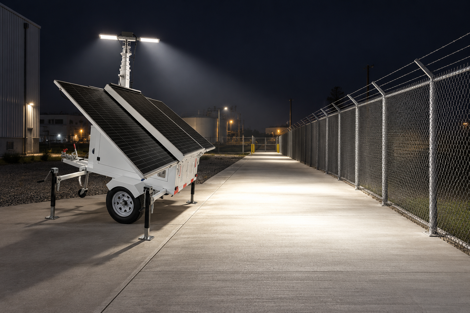 White wheeled solar lighting trailer with two rectangular LED heads and two sloped panel banks at night illuminating an unobstructed perimeter walkway.