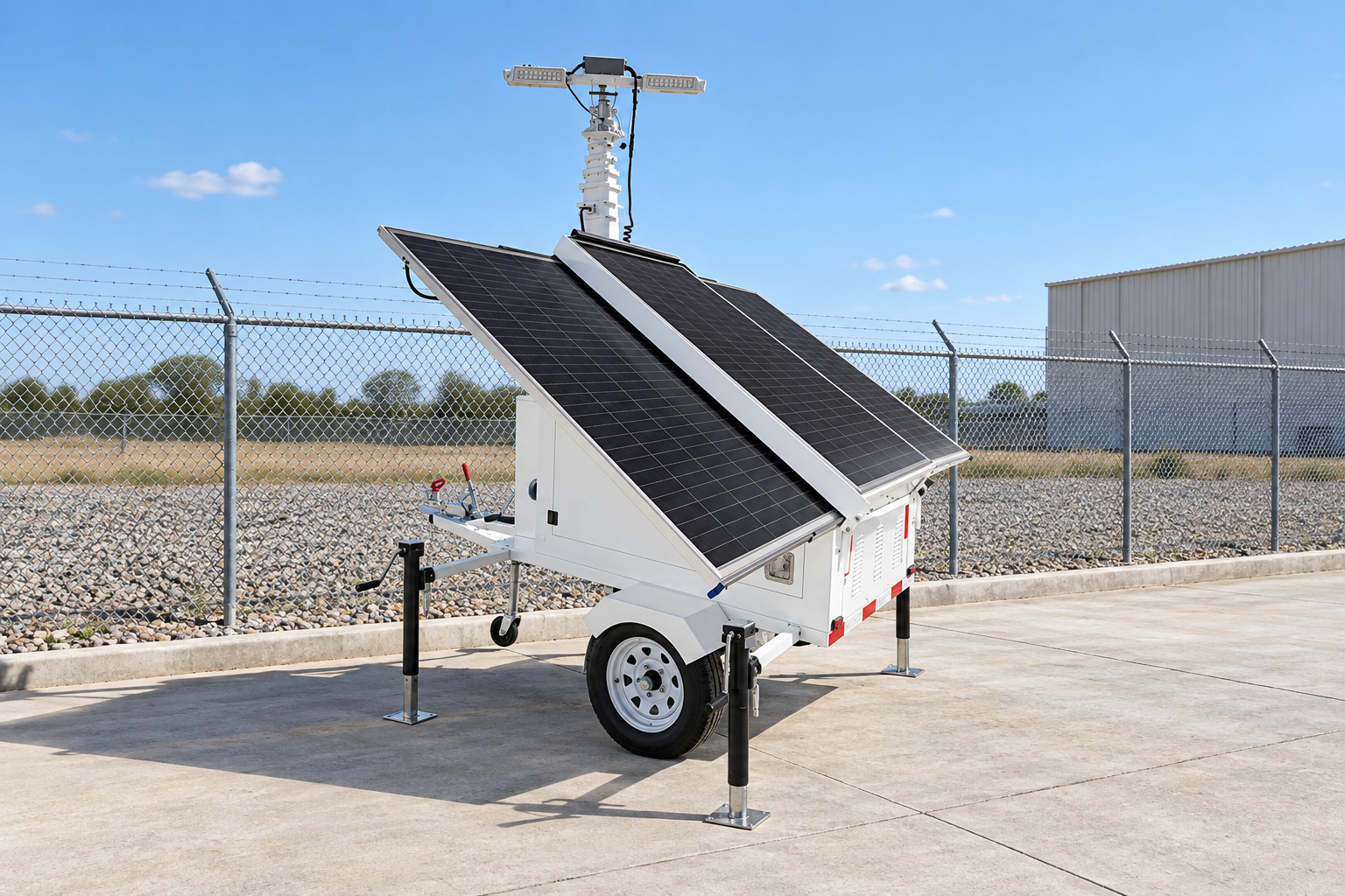 White wheeled solar lighting trailer with two rectangular LED heads and two sloped panel banks in daylight in a clear solar-access bay beside an industrial fence.