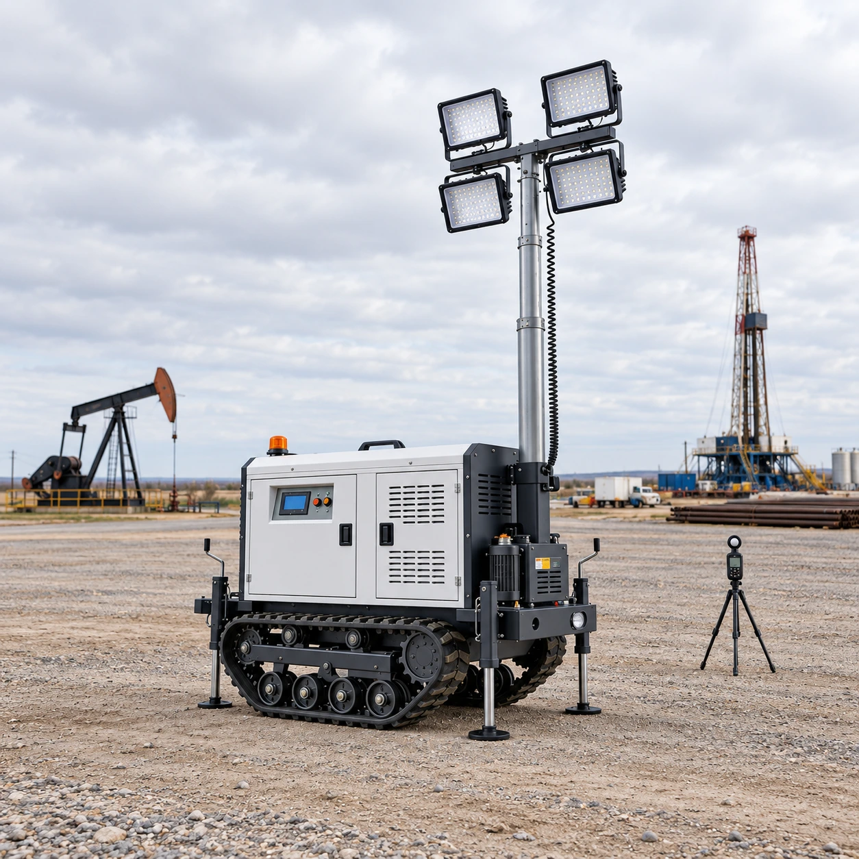 Daylight placement and visual inspection of the mobile tower for oilfield staging-area lighting.