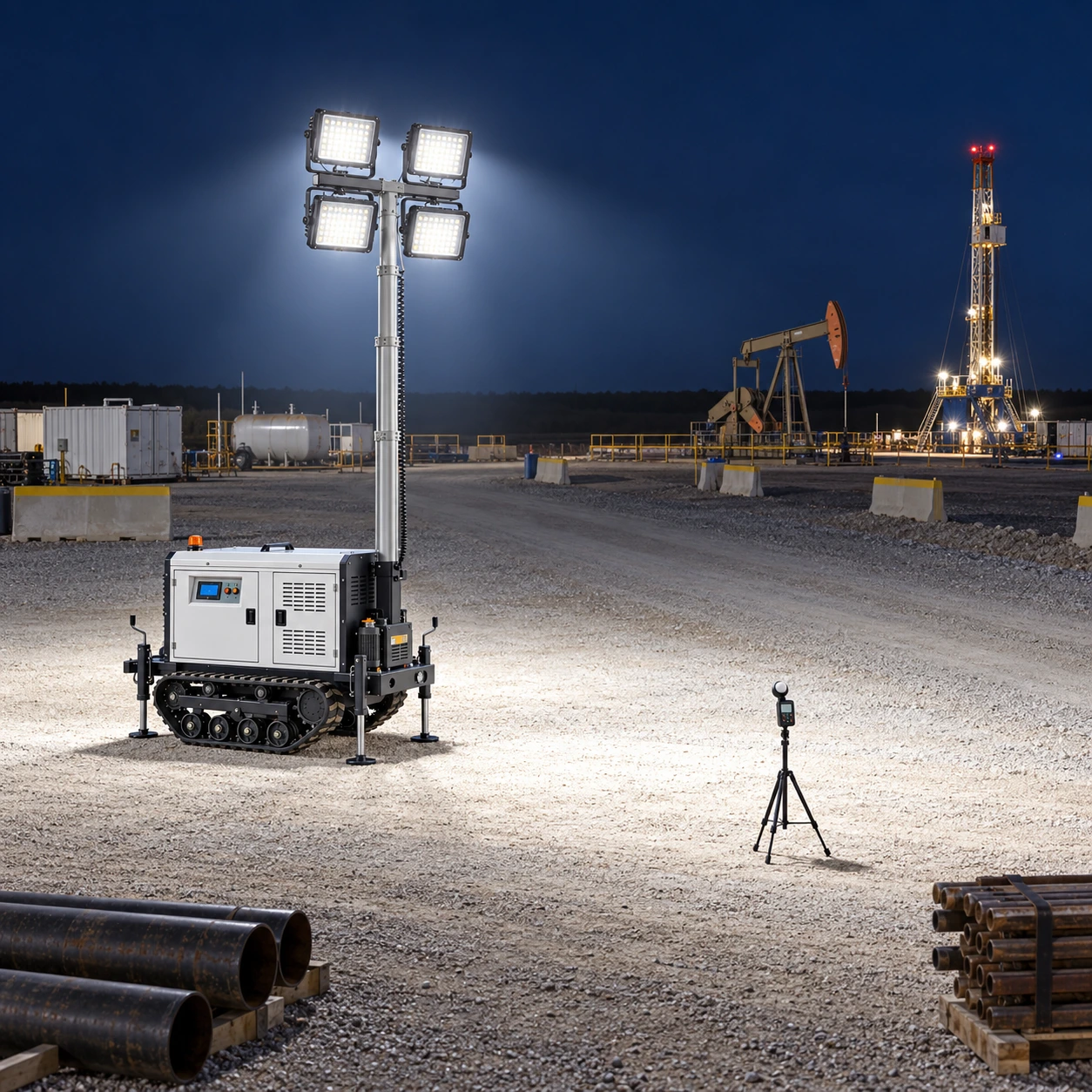 Nighttime setup and illuminated-ground verification for oilfield staging-area lighting.