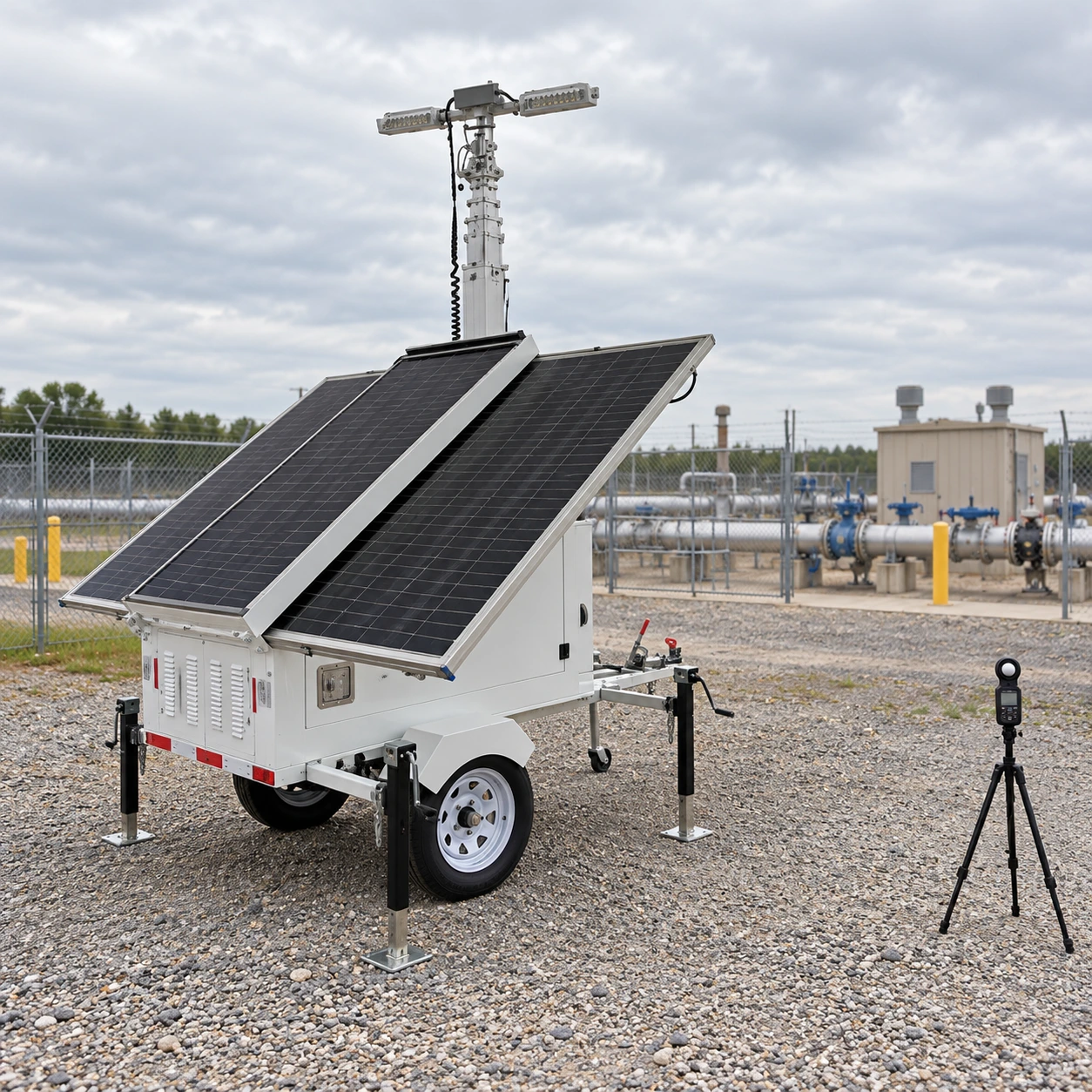 Daylight placement and visual inspection of the mobile tower for pipeline pump station lighting.