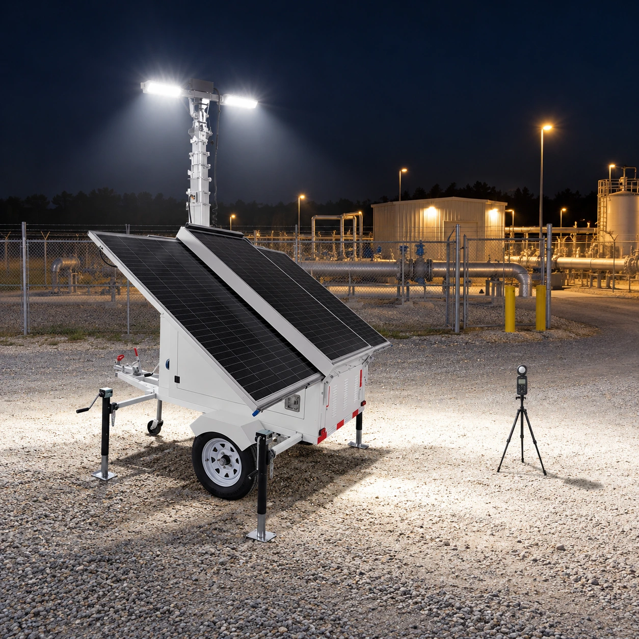 Nighttime setup and illuminated-ground verification for pipeline pump station lighting.