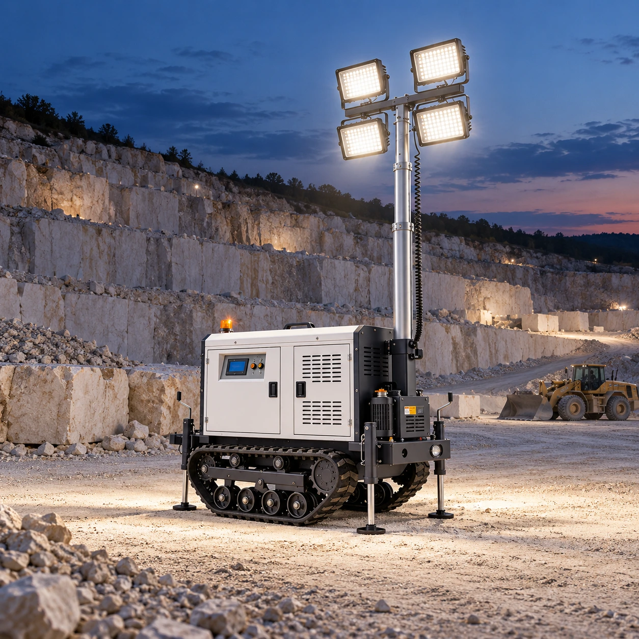 Quarry lighting using a reference-matched mobile light tower at dusk.