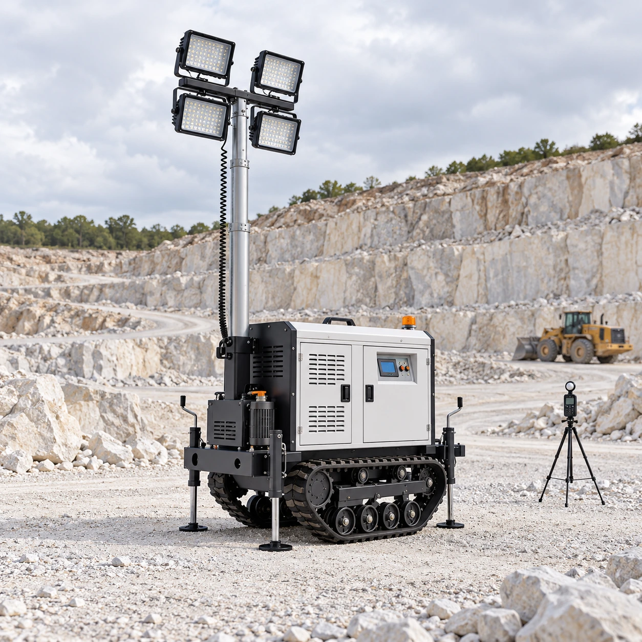 Daylight placement and visual inspection of the mobile tower for quarry lighting.