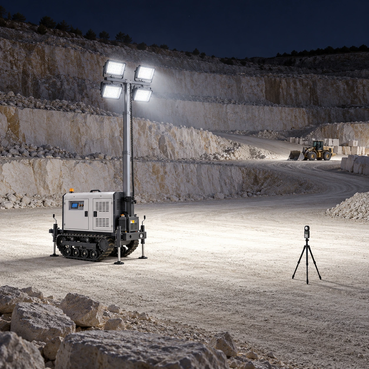 Nighttime setup and illuminated-ground verification for quarry lighting.