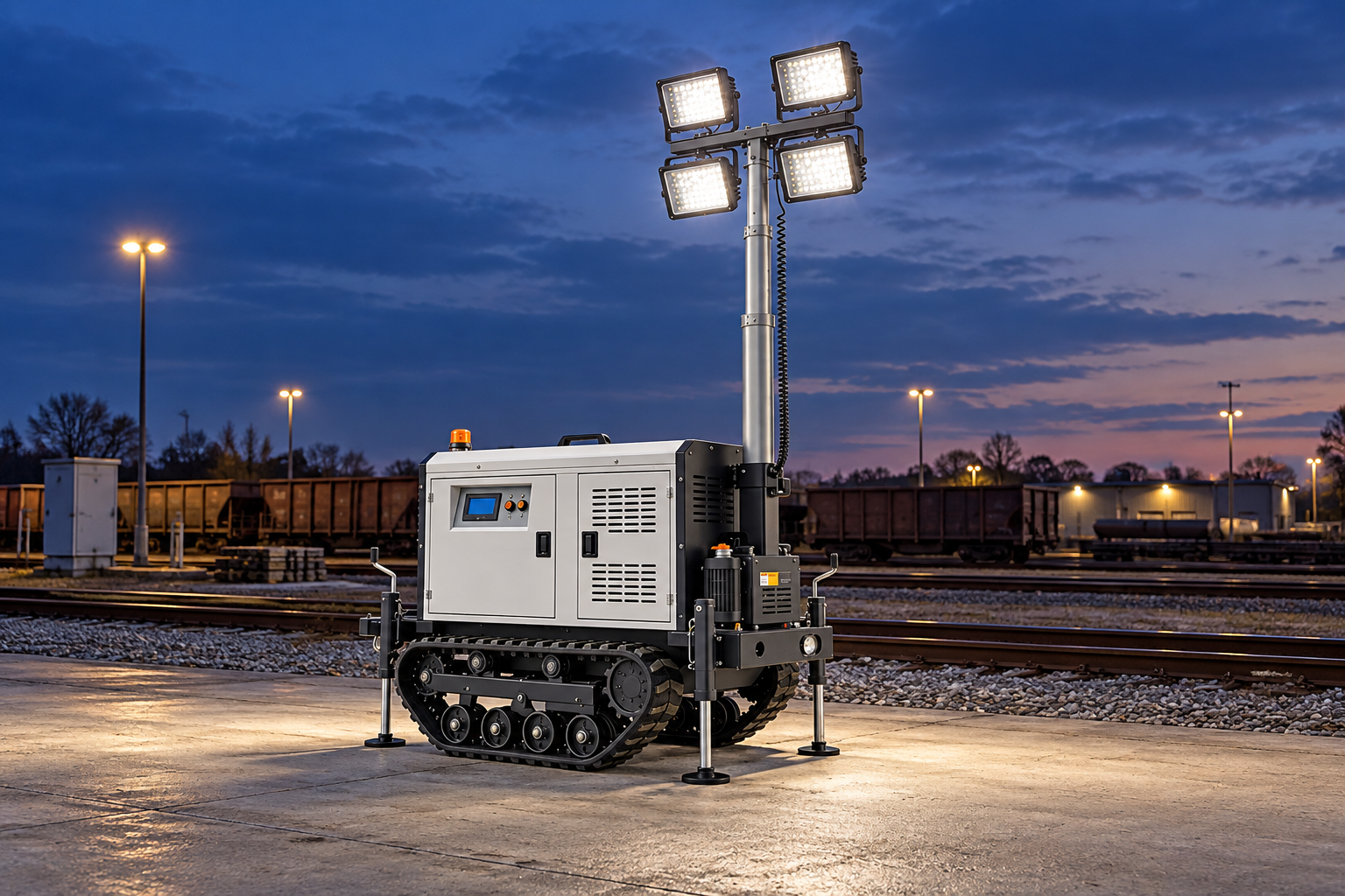 White tracked mobile tower with four rectangular LED heads in a rail yard service pad beside separated tracks at blue hour.
