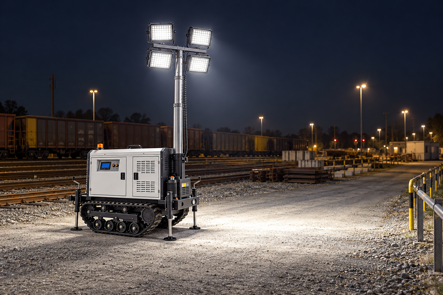 White tracked mobile tower with four rectangular LED heads in a rail yard service pad beside separated tracks at night.