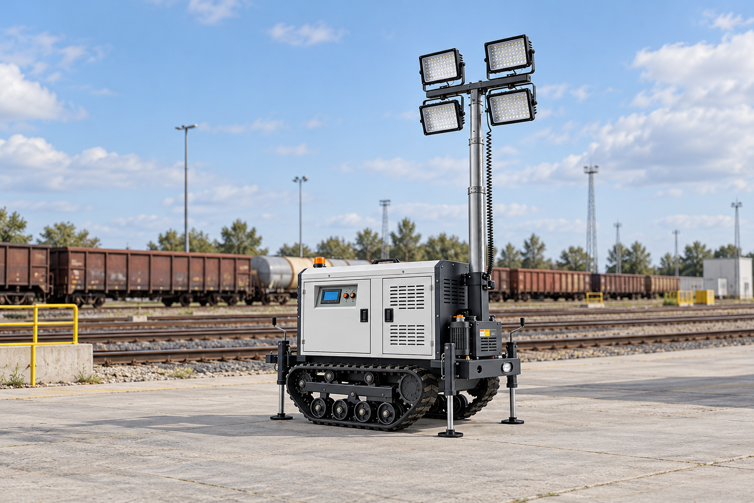 White tracked mobile tower with four rectangular LED heads in a rail yard service pad beside separated tracks in daylight.