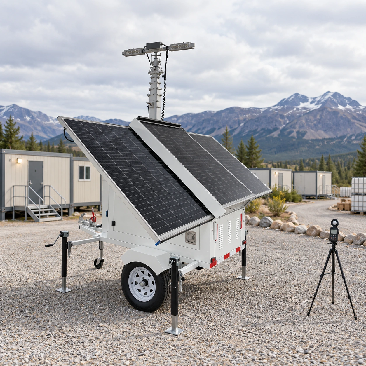 Daylight placement and visual inspection of the mobile tower for remote camp lighting.