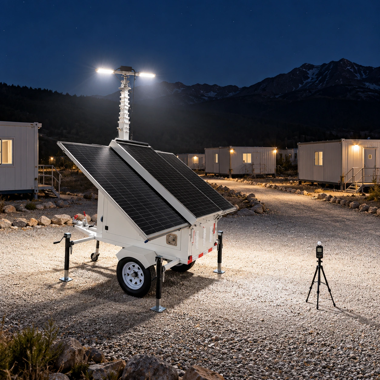 Nighttime setup and illuminated-ground verification for remote camp lighting.