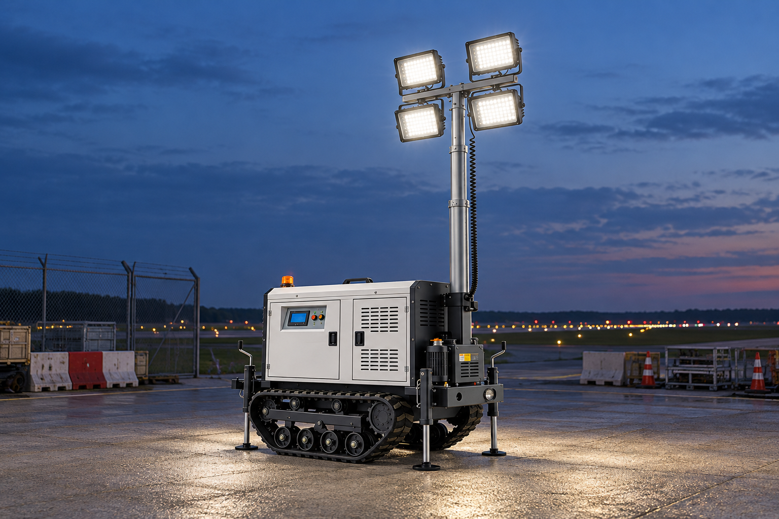 White tracked mobile tower with four rectangular LED heads in an airport runway maintenance support compound at blue hour.