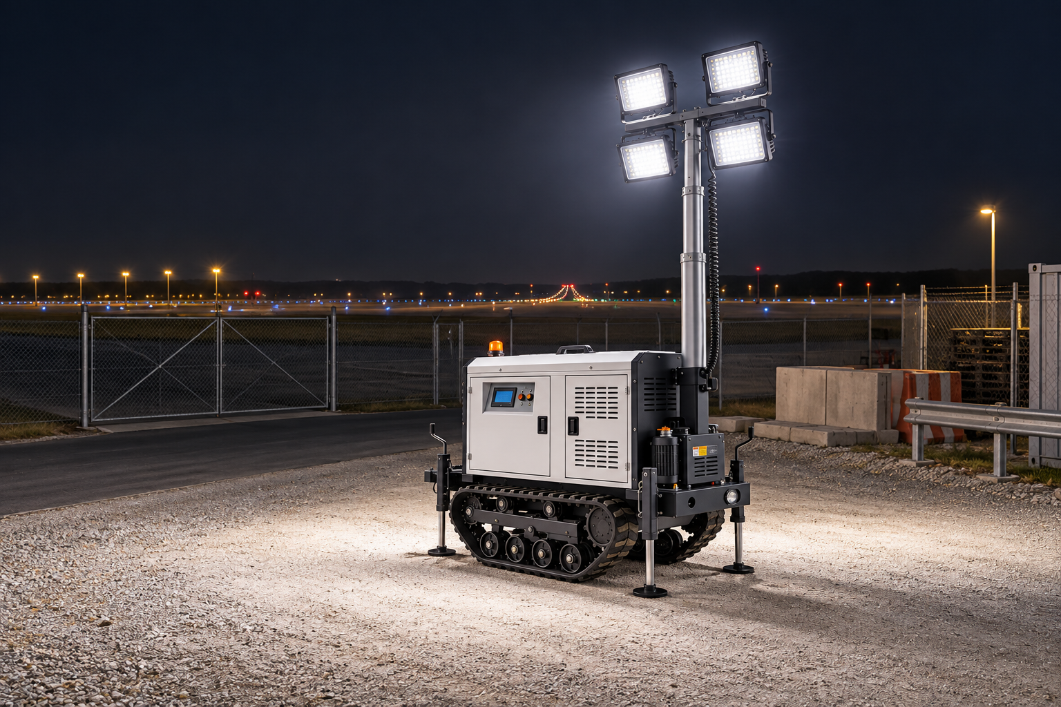 White tracked mobile tower with four rectangular LED heads in an airport runway maintenance support compound at night.
