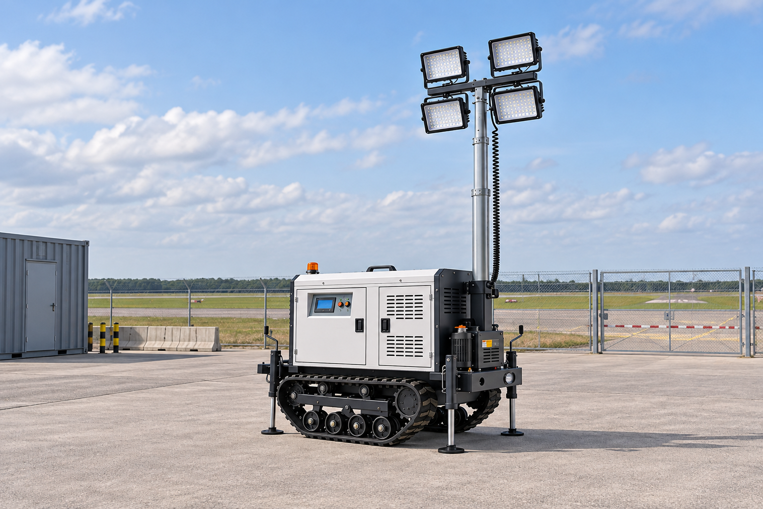White tracked mobile tower with four rectangular LED heads in an airport runway maintenance support compound in daylight.