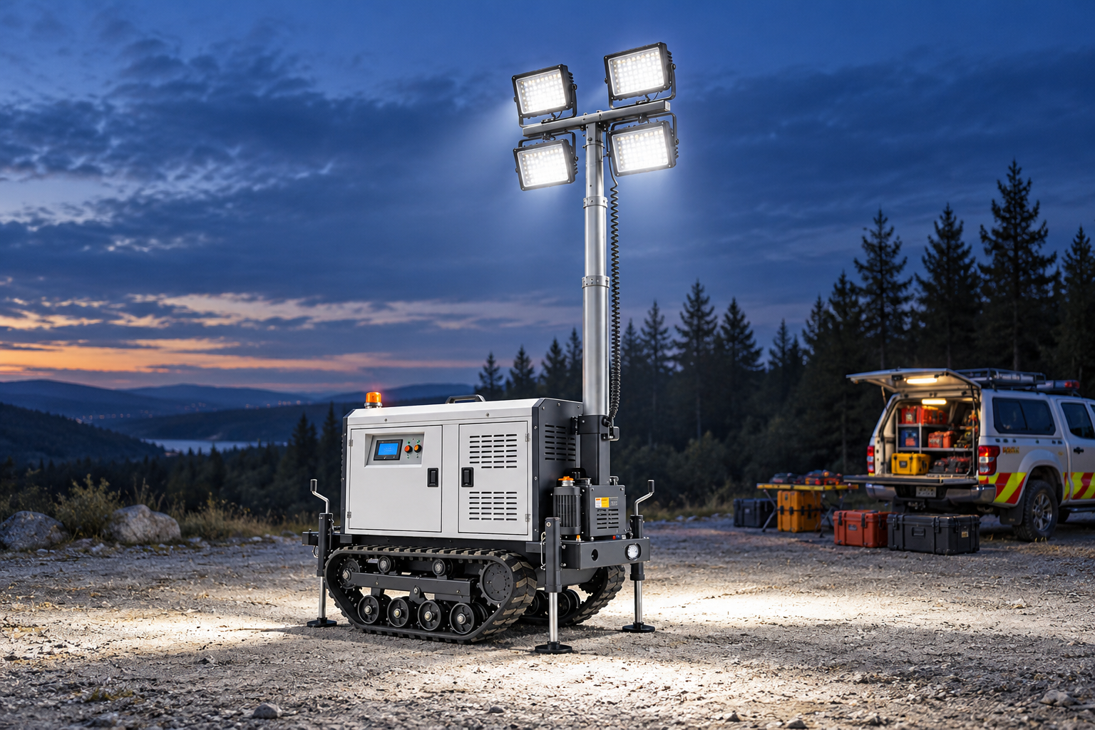 White tracked mobile tower with four rectangular LED heads in a woodland search and rescue equipment staging area at blue hour.
