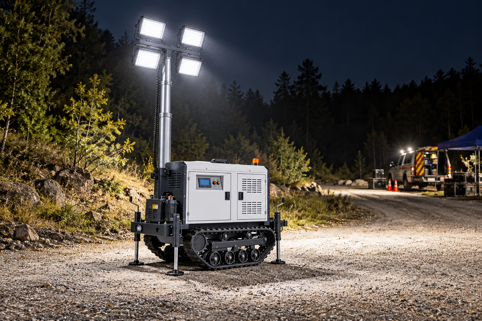 White tracked mobile tower with four rectangular LED heads in a woodland search and rescue equipment staging area at night.