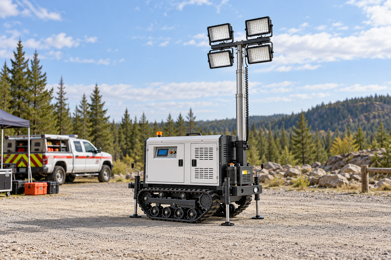 White tracked mobile tower with four rectangular LED heads in a woodland search and rescue equipment staging area in daylight.
