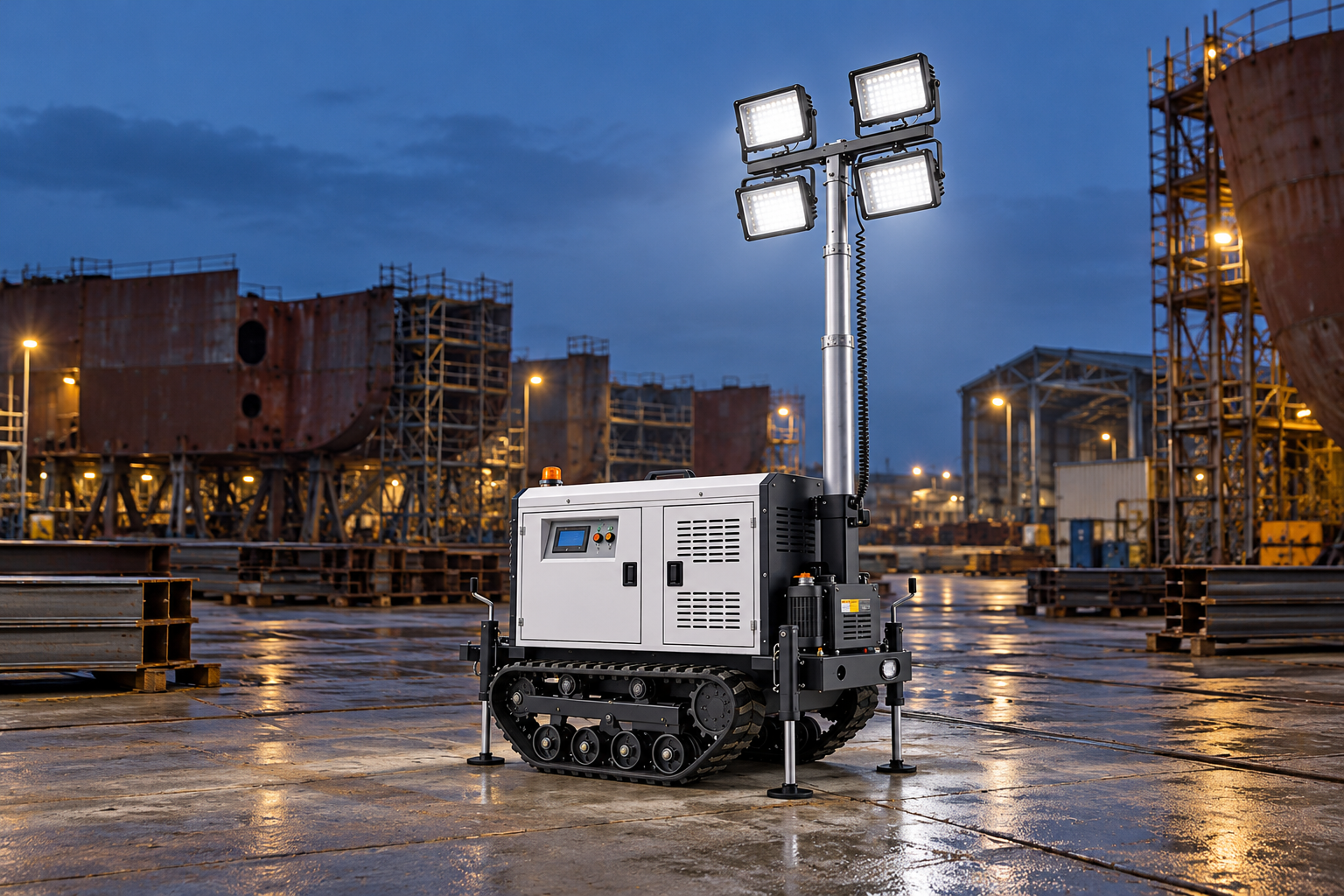 White tracked mobile tower with four rectangular LED heads in a landside shipyard fabrication compound at blue hour.