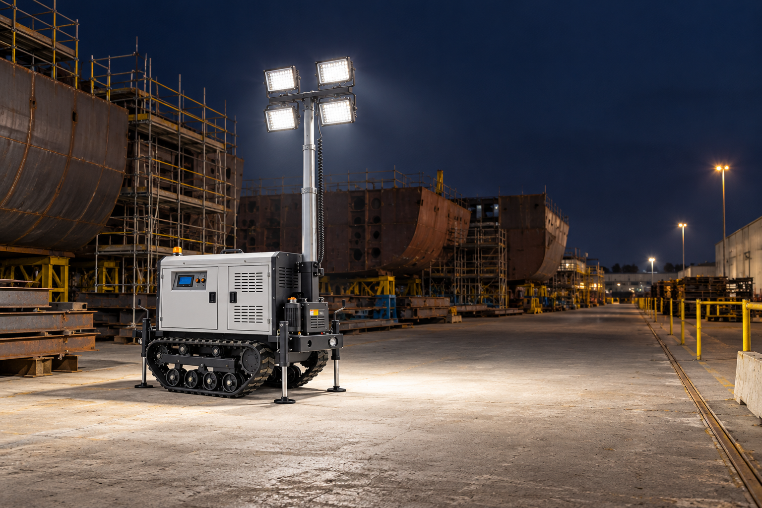 White tracked mobile tower with four rectangular LED heads in a landside shipyard fabrication compound at night.