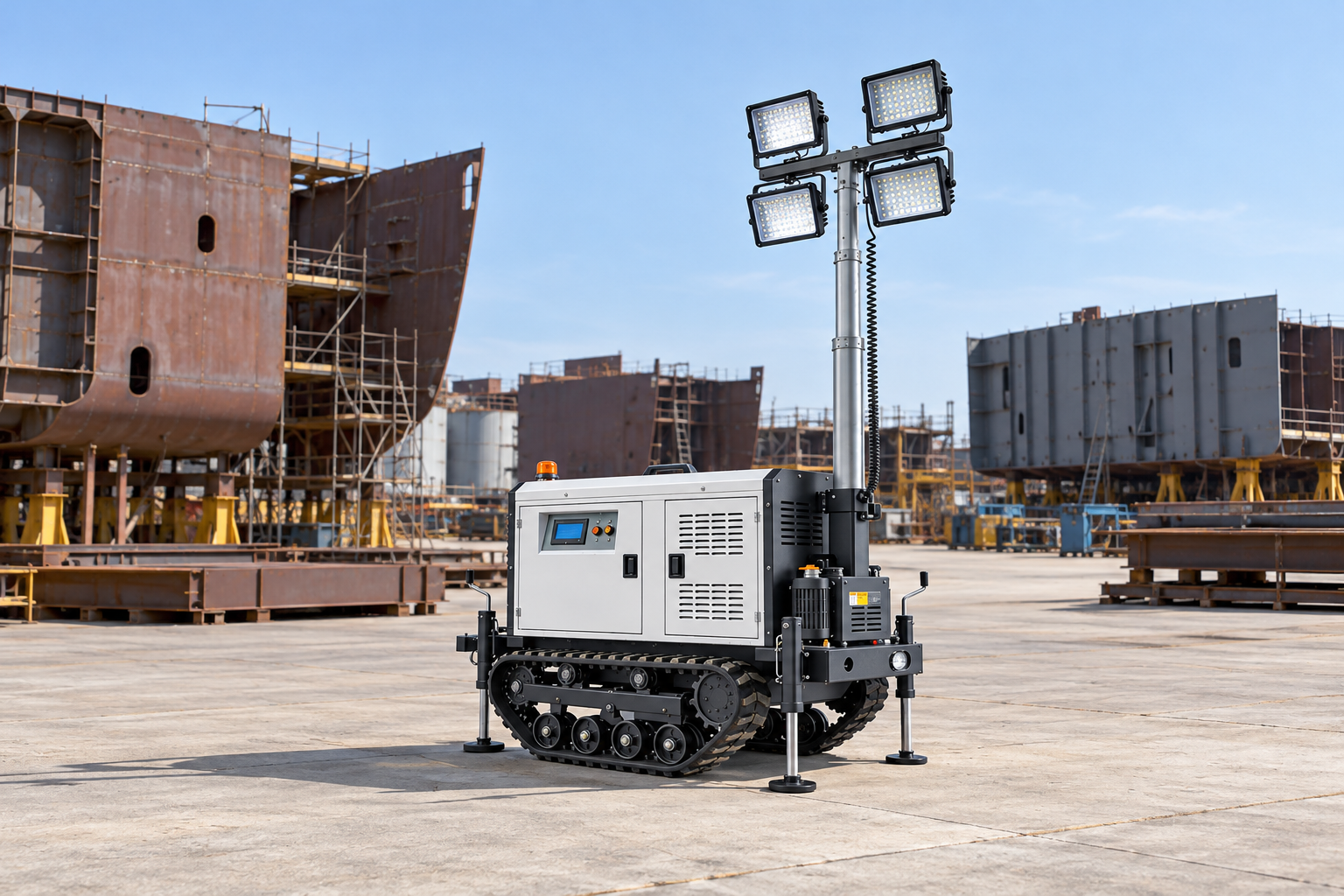 White tracked mobile tower with four rectangular LED heads in a landside shipyard fabrication compound in daylight.
