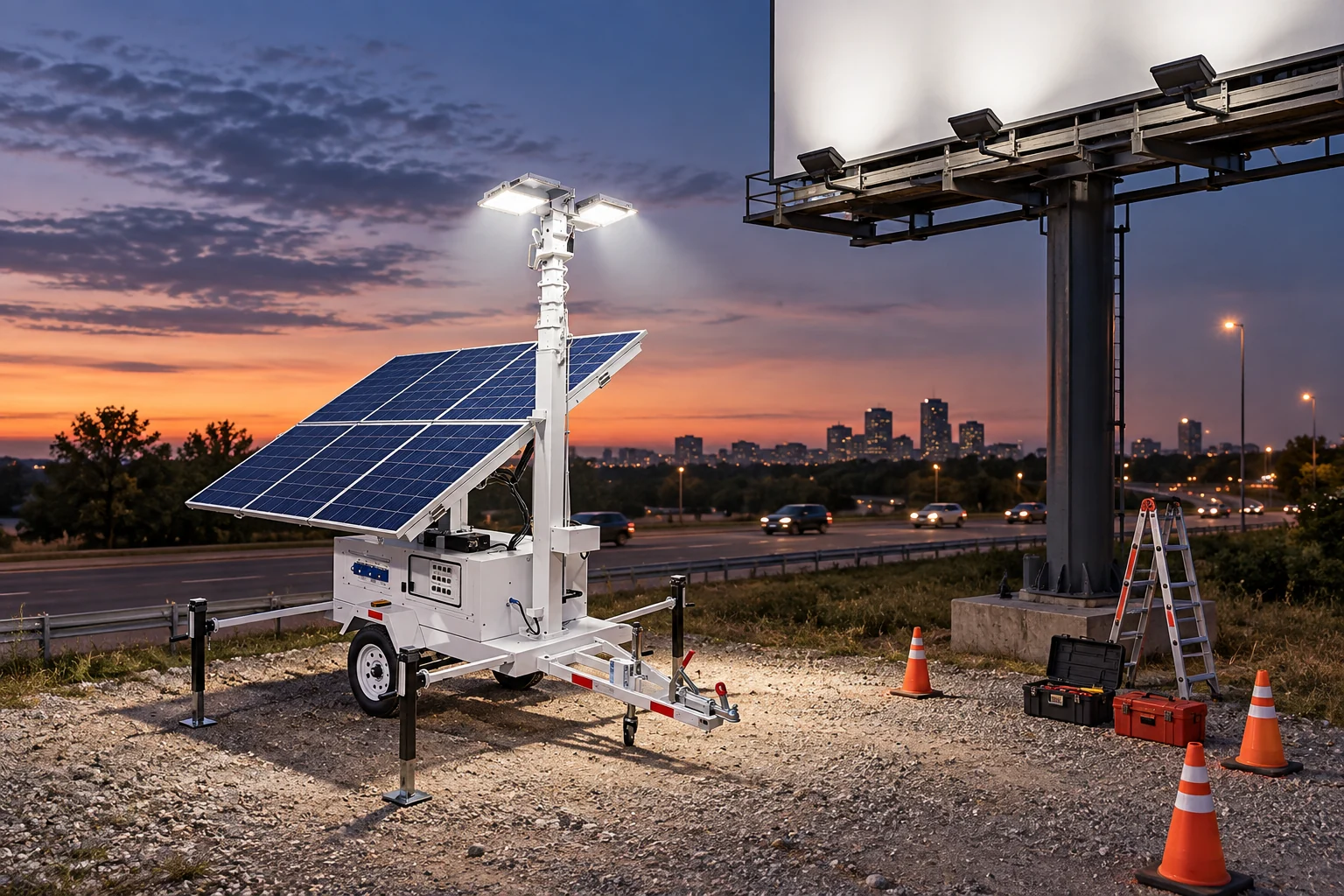 Keyyou mobile light tower product for roadside advertising structures, commercial signs, information boards, and temporary sign-maintenance work zones